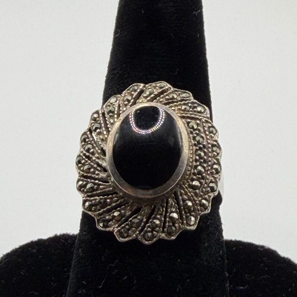 Vintage 925 Sterling Silver Black Onyx Marcasite Statement Ring Size 8
